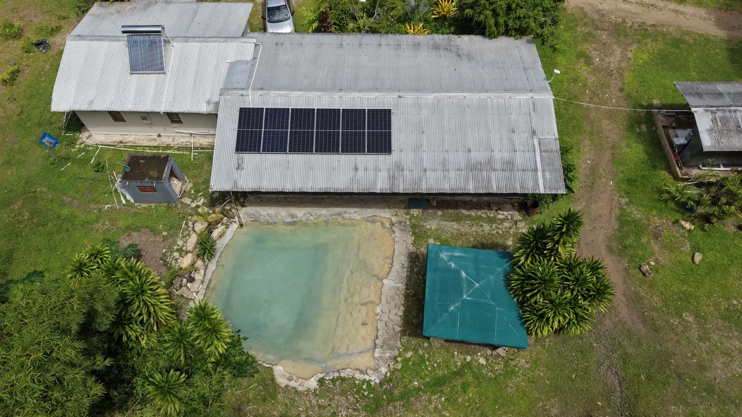 Aerial view of the cabins, spring pool and grounds