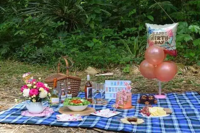Birthday picnic on a blue blanket