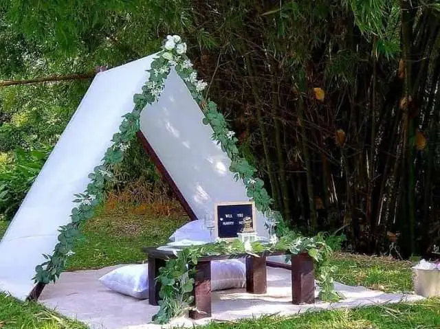 Glamping tent with flower garland